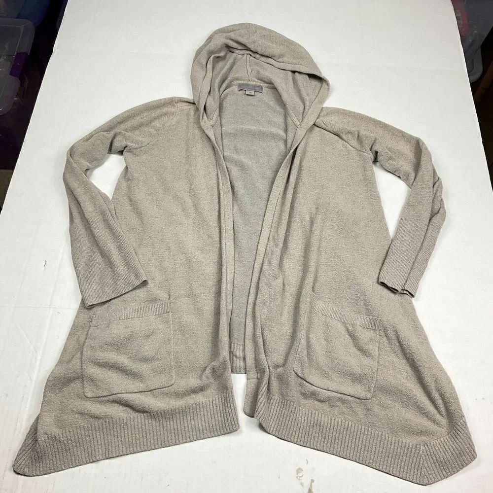 Barefoot Dreams Womens Cozy Chic Hooded Cardigan Gray Open Front Sweater Size XS